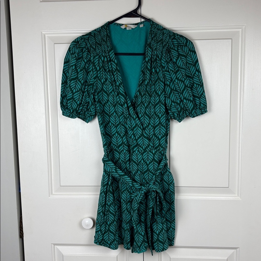 Boden Teal Ruby Palm Leaf Print Romper with Tie - 2